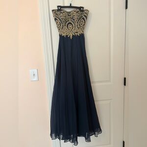 One of a kind Jovani Strapless Navy and Gold Dress
